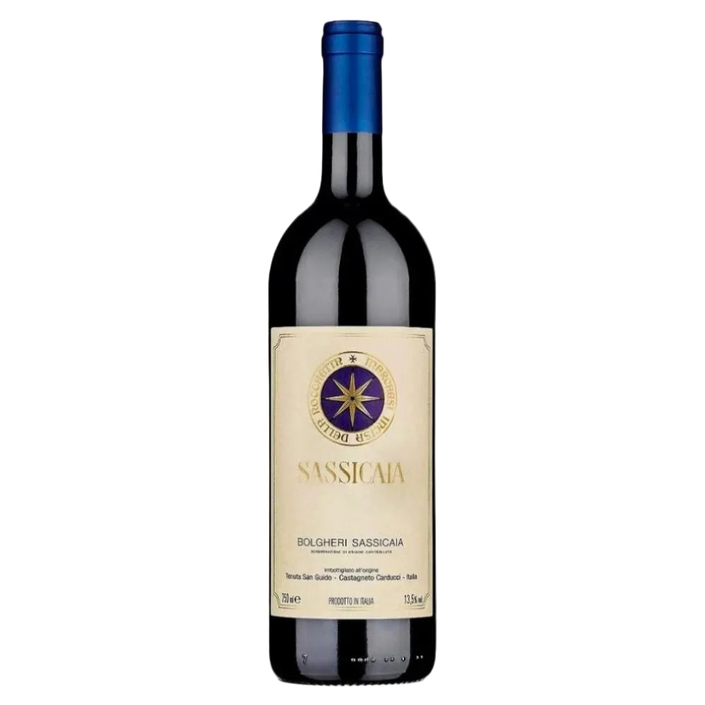 Sassicaia Tenuta San Guido Bolgheri 2016 red wine bottle with blue foil top, a legendary Super Tuscan from FINE & WILD UK. Premium Italian wine with 100-point rating.