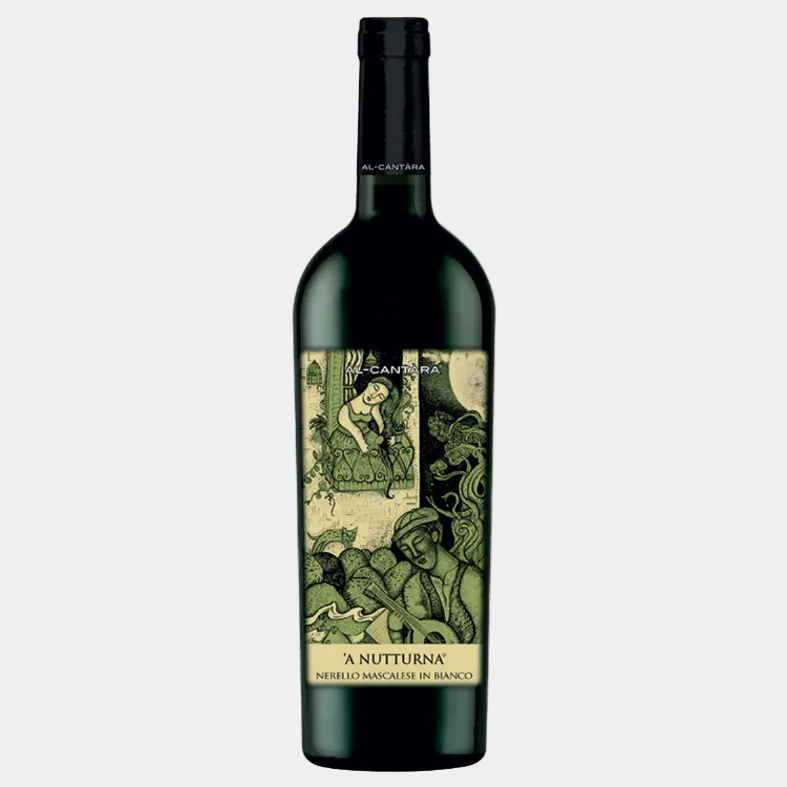 Wine bottle with decorative label on a white background