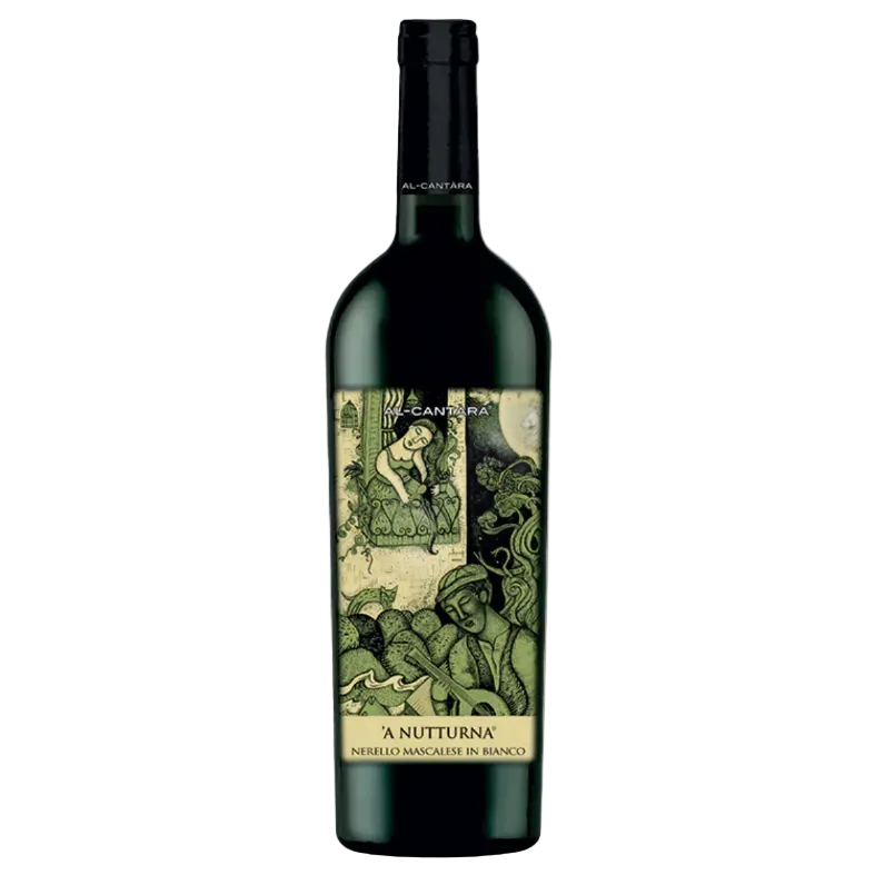 Dark green glass bottle of Al-Cantàra A Nutturna white wine with artistic label depicting a woman playing a guitar and a woman resting on a balcony, volcanic Sicilian landscape