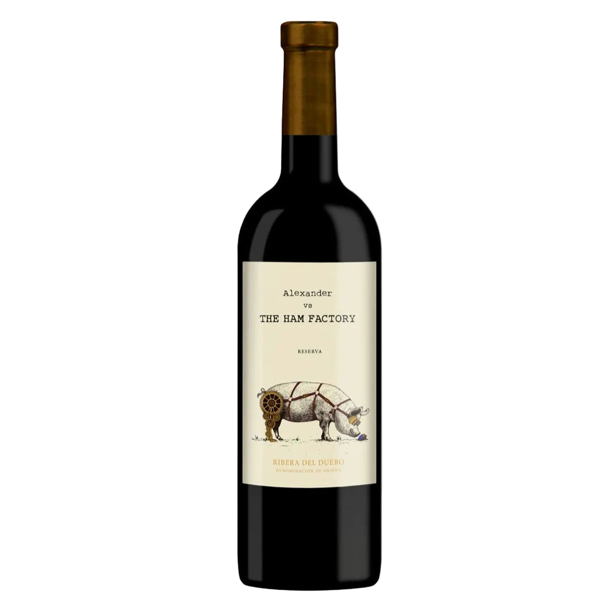 Alexander vs The Ham Factory Tempranillo 2018 red wine bottle with illustrated pig label, Ribera del Duero Spanish wine from FINE & WILD UK.