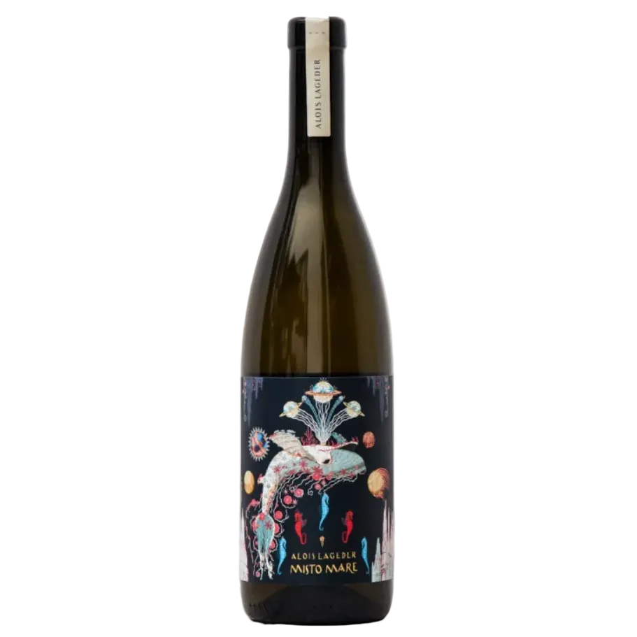 Alois Lageder Misto Mare white wine bottle with a dark label featuring colorful, artistic illustrations of marine and abstract elements, organic and biodynamic wine from Alto Adige.