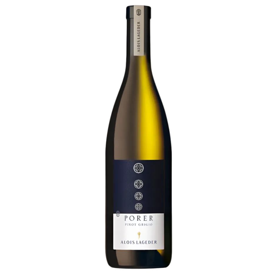 Alois Lageder Porer Pinot Grigio 2022 white wine bottle with dark blue label, showcasing biodynamic Alto Adige craftsmanship. Available at FINE & WILD UK.