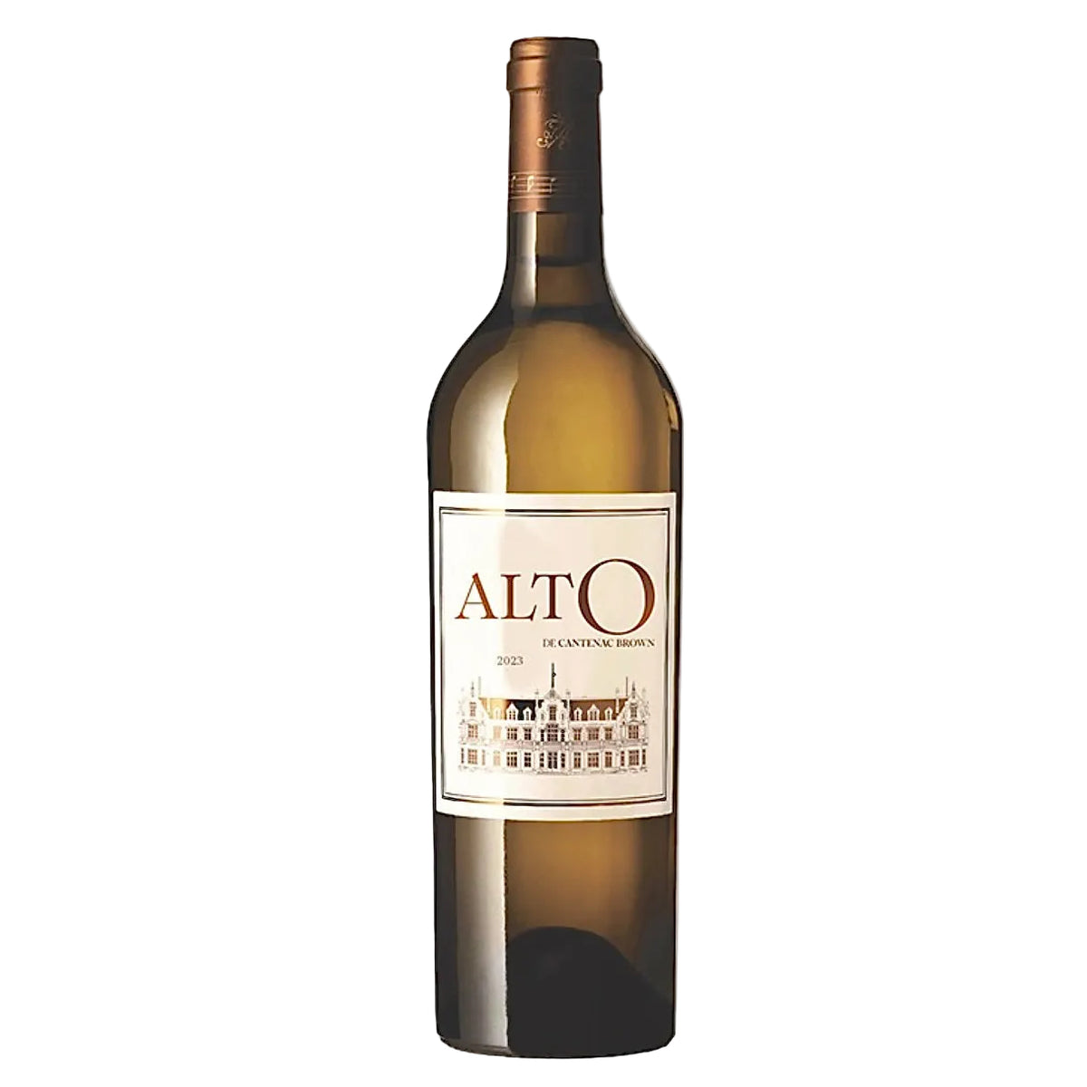 Alto de Cantenac Brown 2022 white Bordeaux wine bottle with elegant label featuring château illustration. Fine Sauvignon Blanc-Sémillon blend from France.