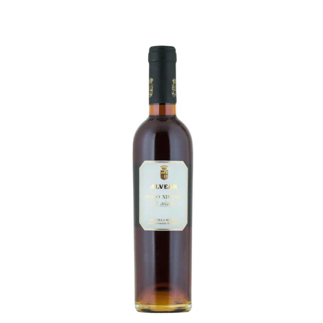 Alvear Pedro Ximénez de Añada Montilla-Moriles 2018 fortified wine in 37.5cl bottle with golden label. Rich Spanish dessert wine with fig and caramel notes.