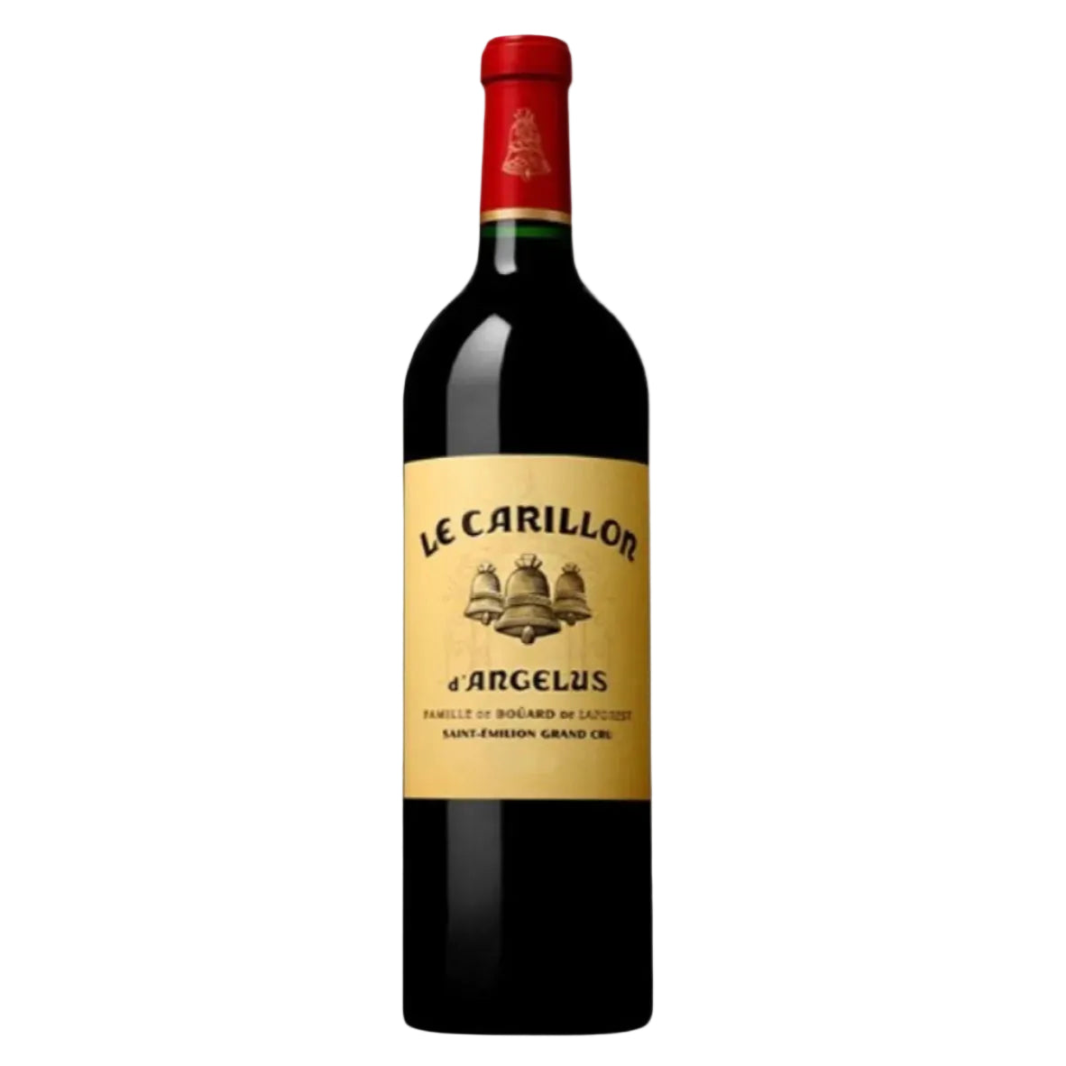 Le Carillon D'Angelus 2012 red wine bottle with gold label and red foil top, St Emilion Grand Cru from Château Angelus, sold by FINE & WILD UK.