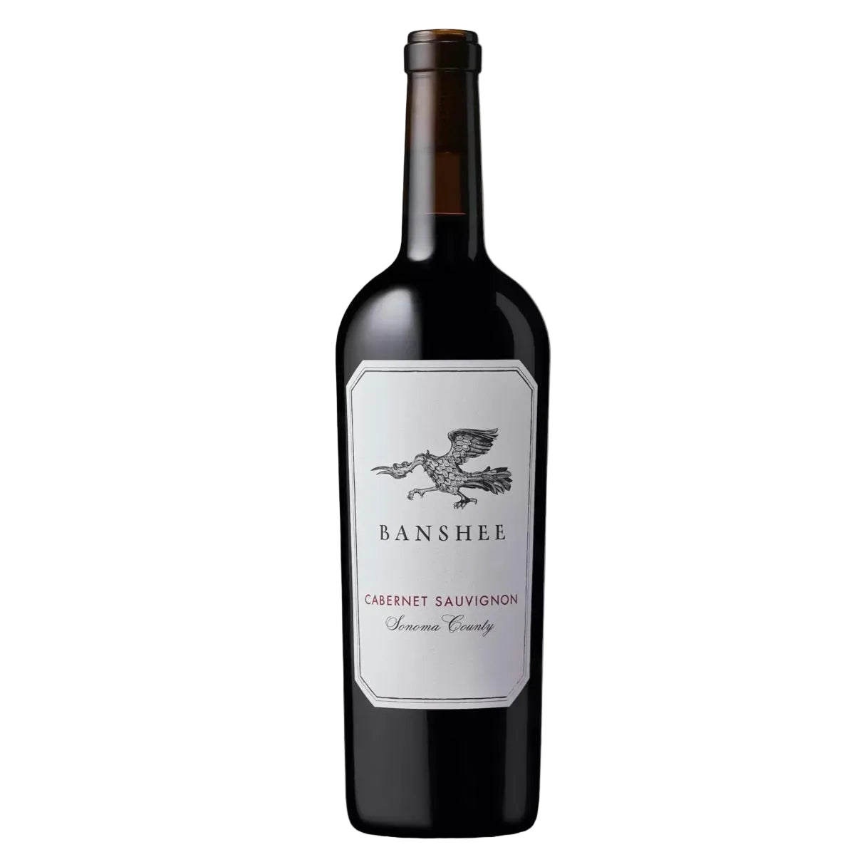 Banshee Sonoma County Cabernet Sauvignon 2021 red wine bottle with elegant label featuring a flying banshee illustration. Premium Californian wine sold by FINE & WILD UK.