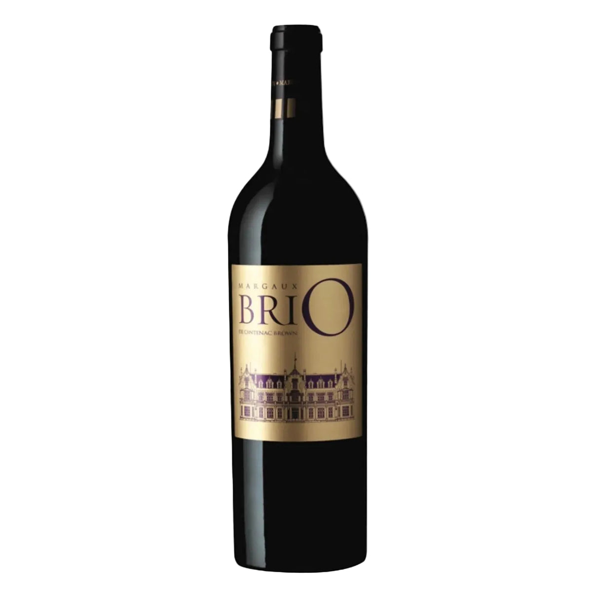 A bottle of Chateaux Brio red wine with a black glass body and a prominent gold label featuring the brand name 'Chateaux Brio' and a chateau illustration, set against a plain white background.