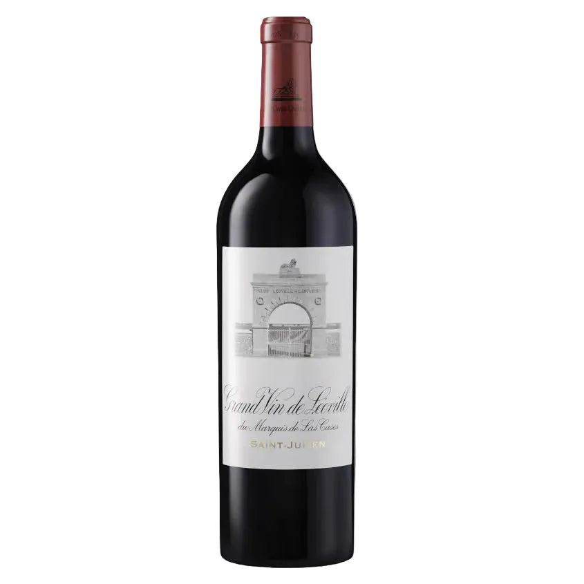 Chateau Leonville Las Cases Saint Julien wine bottle with a white label and red foil on a grey background.