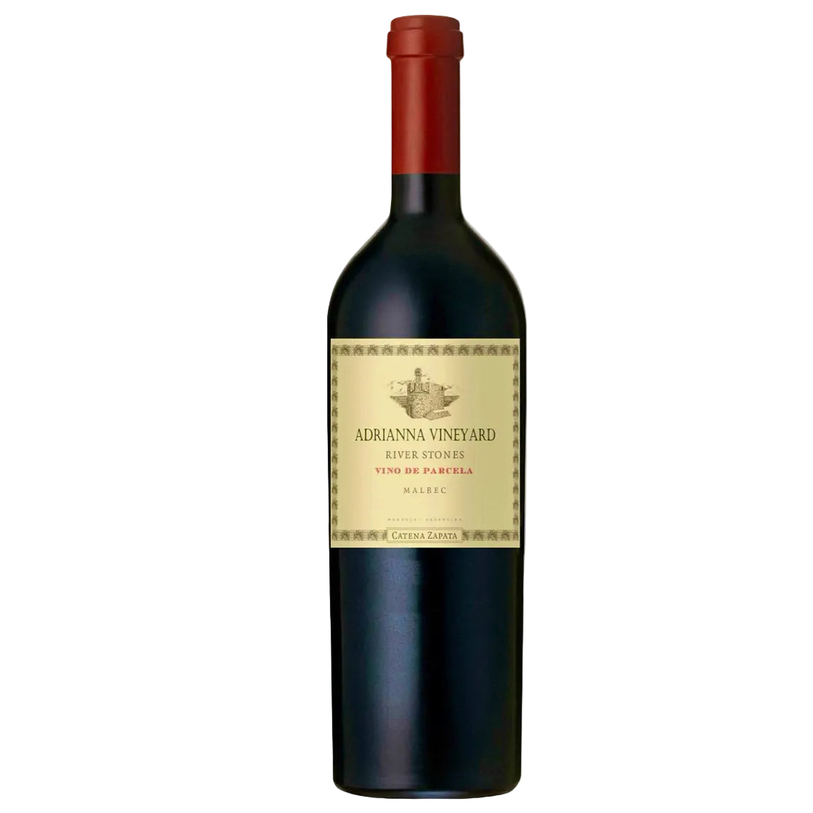 Catena Adrianna River Stones Malbec 2017 red wine bottle with gold label and red foil top. Premium Mendoza wine from FINE & WILD.