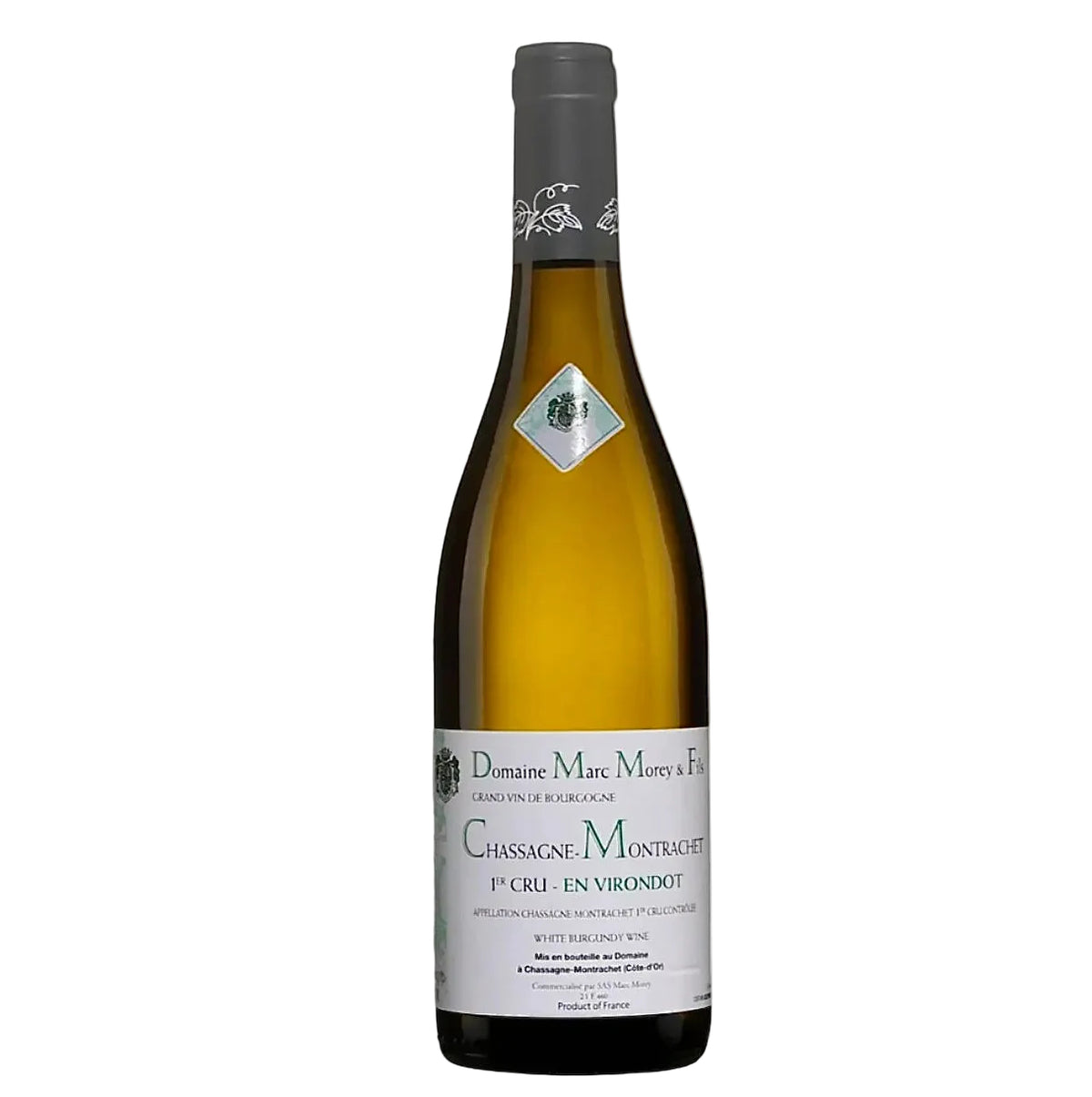 Domaine Marc Morey Chassagne Montrachet 1er Cru En Virondot 2021 white wine bottle with elegant label, premium Burgundy Chardonnay from France