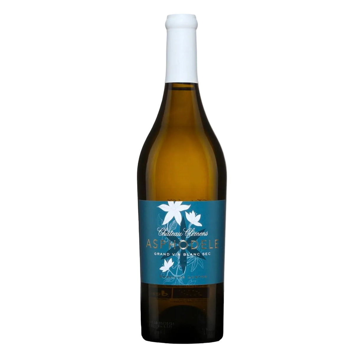 Château Climens Asphodele Blanc Sec 2020 white wine bottle with blue floral label, 100% Sémillon from Barsac, available at FINE & WILD UK.