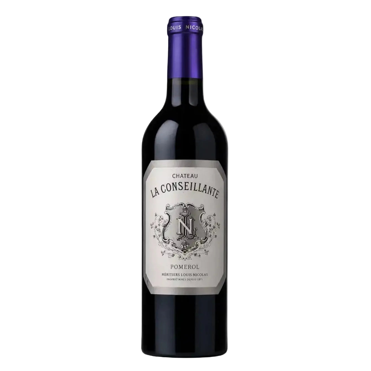 A bottle of Chateau La Conseillante Pomerol red wine, featuring a dark glass bottle with a white label and a metallic purple foil seal at the neck, set against a plain light gray background.