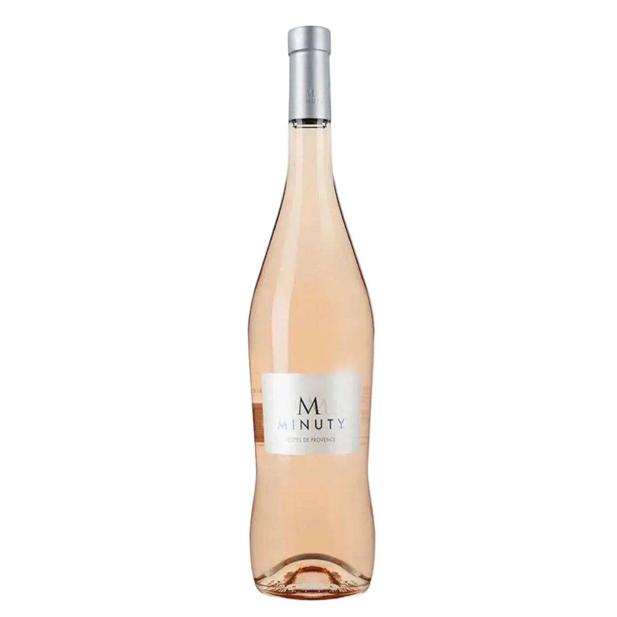Elegant tall glass bottle of Chateau Minuty M Rosé with a silver cap, light pink wine visible through the clear glass, white label with black and silver text, sleek design