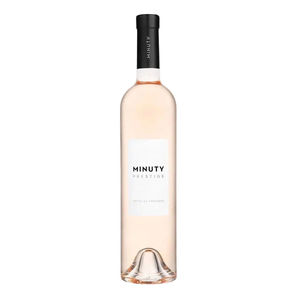Chateau Minuty Prestige Rosé wine bottle with a sleek black cap, pale pink liquid, minimalist white label, and elegant design