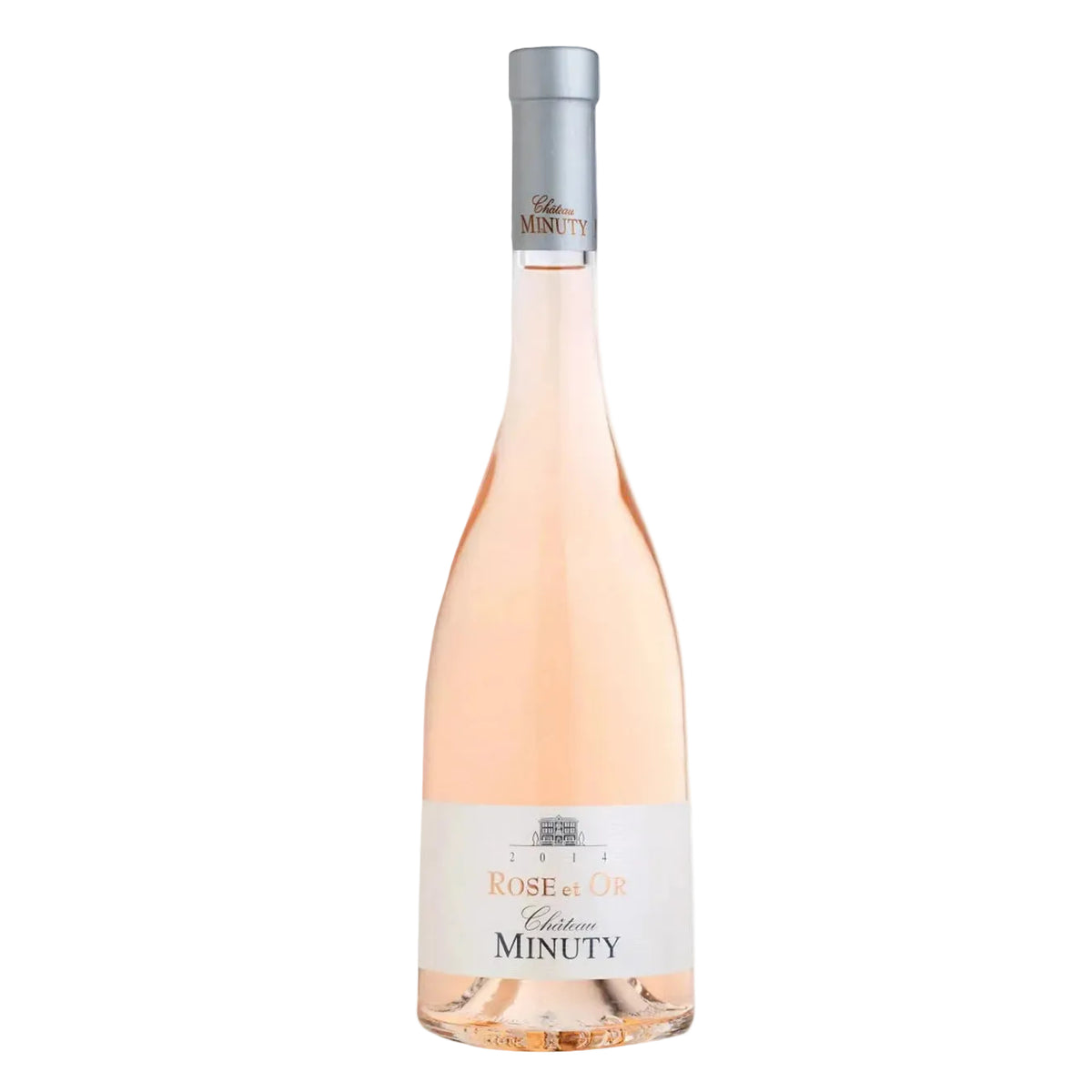 Chateau Minuty Rose et Or wine bottle with a light pink rosé color, silver cap, and elegant label featuring a historic estate illustration, ideal for Provence wine lovers.