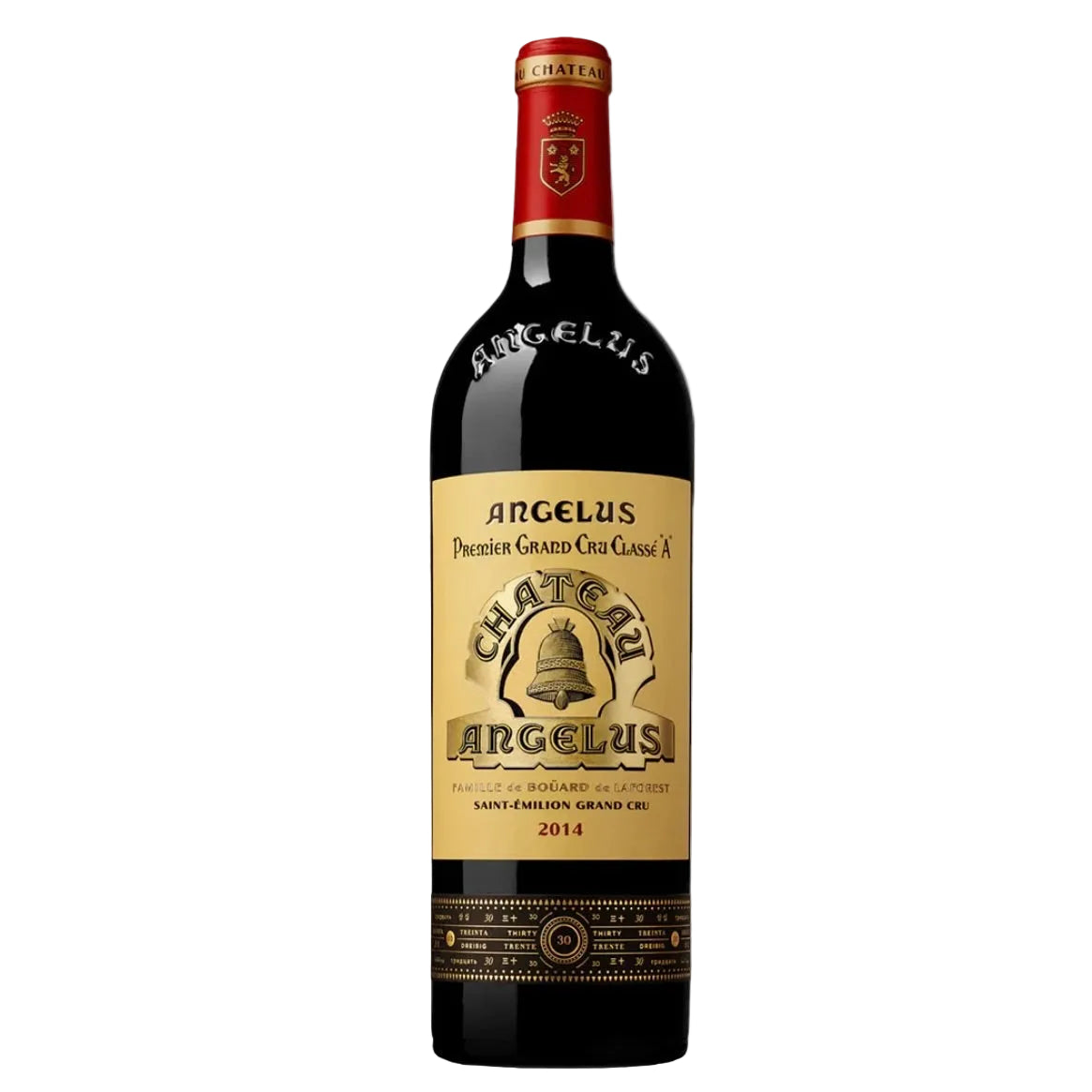 Château Angélus Saint-Émilion 2014 Premier Grand Cru red wine bottle with gold label and red foil, available at FINE & WILD UK.