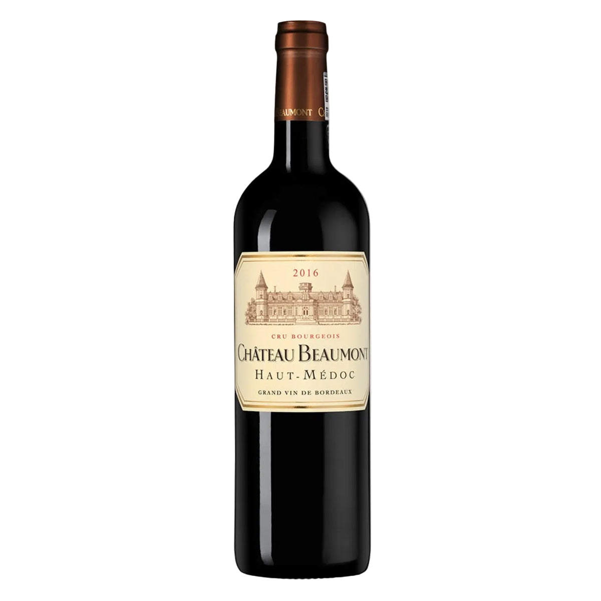 Château Beaumont Haut-Médoc 2016 red wine bottle with elegant label, showcasing a fine Bordeaux available at FINE & WILD UK. Ideal for collectors.