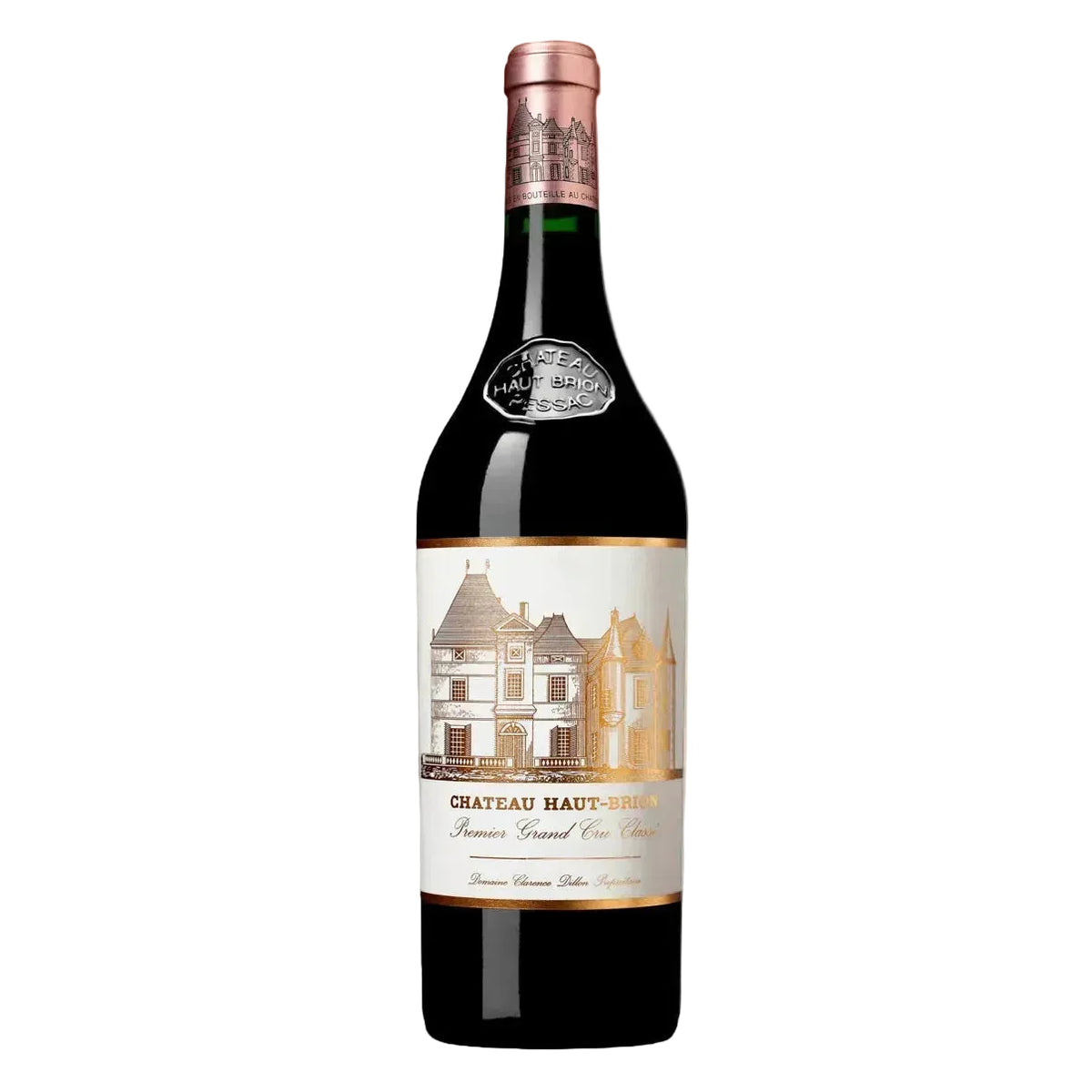 A bottle of Chateau Haut-Broue Premier Cru red wine, featuring a dark glass bottle with a cream-colored label depicting a chateau illustration, and a copper-colored foil capsule at the neck.