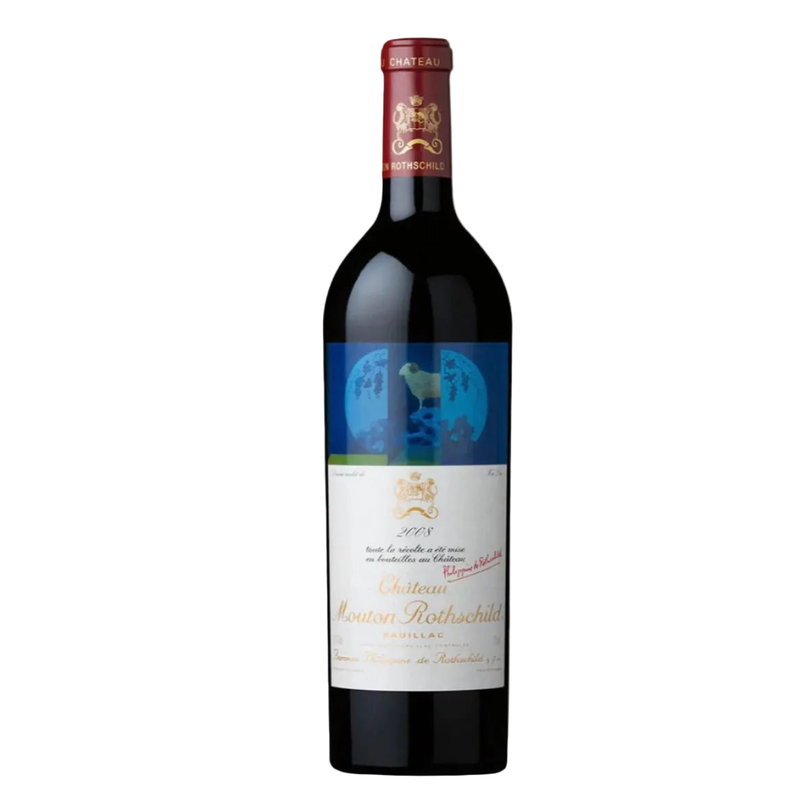 Château Mouton Rothschild 2008 red wine bottle from Pauillac, Premier Grand Cru Classé, featuring unique label art. Available at FINE & WILD UK.