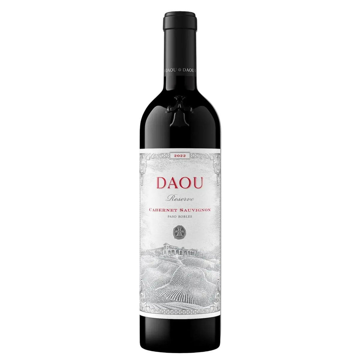 DAOU Reserve Cabernet Sauvignon 2022 red wine bottle from Paso Robles with elegant white label and vineyard illustration. Premium Californian wine sold by FINE & WILD.