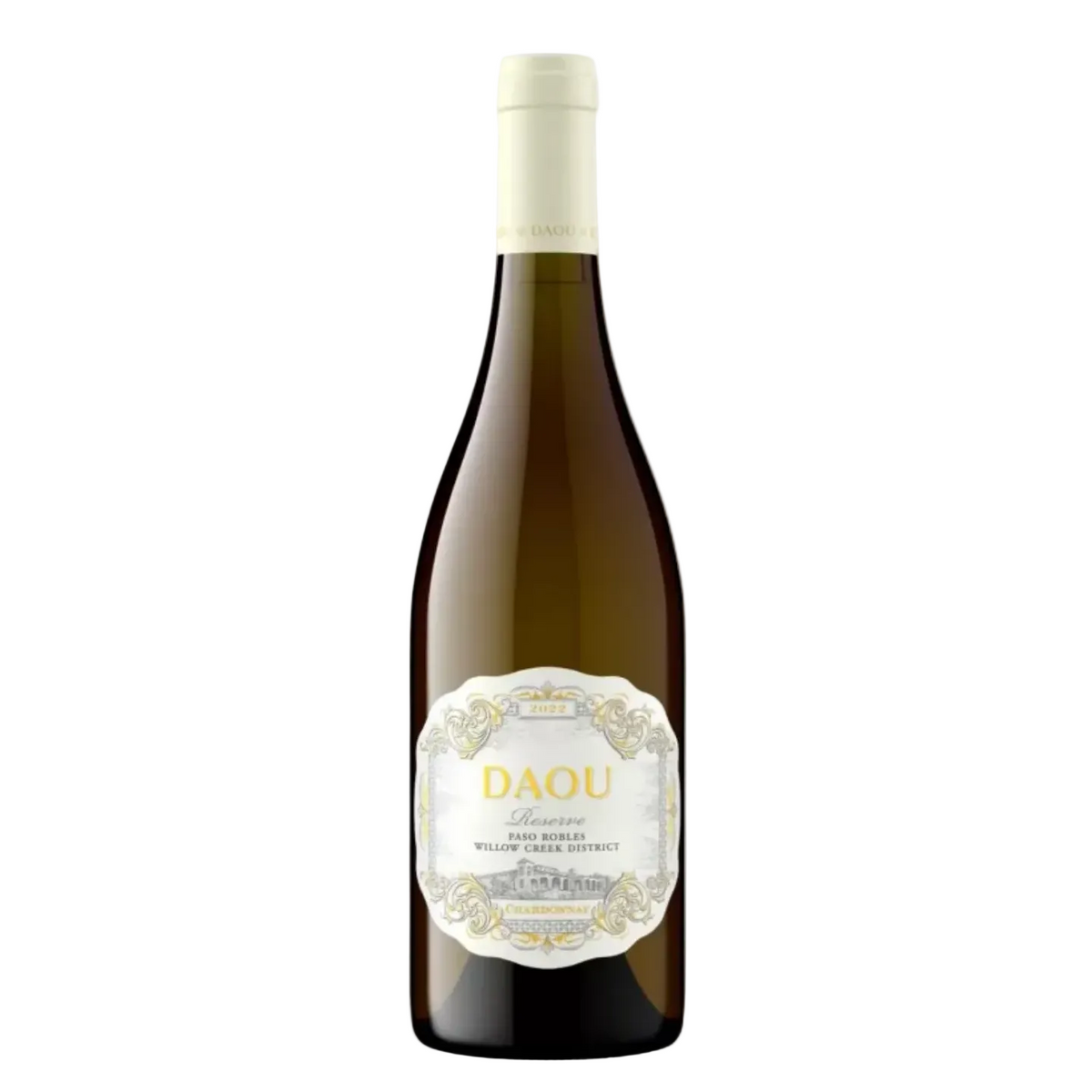 Elegant dark green bottle of DAOU Reserve Chardonnay with a white and gold ornate label, high-elevation Paso Robles wine