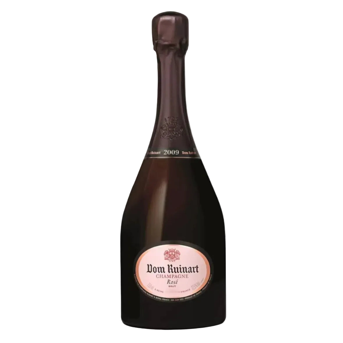 Dom Ruinart Rosé vintage champagne bottle with a dark glass body, pink label, and foil-wrapped neck, showcasing luxury sparkling wine