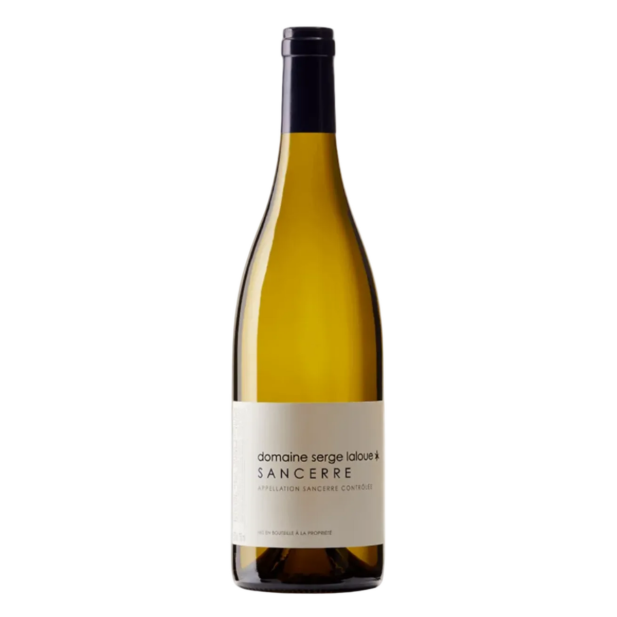 Domaine Serge Laloue Sancerre Blanc wine bottle with white label and black cap, showcasing classic Loire Valley Sauvignon Blanc characteristics