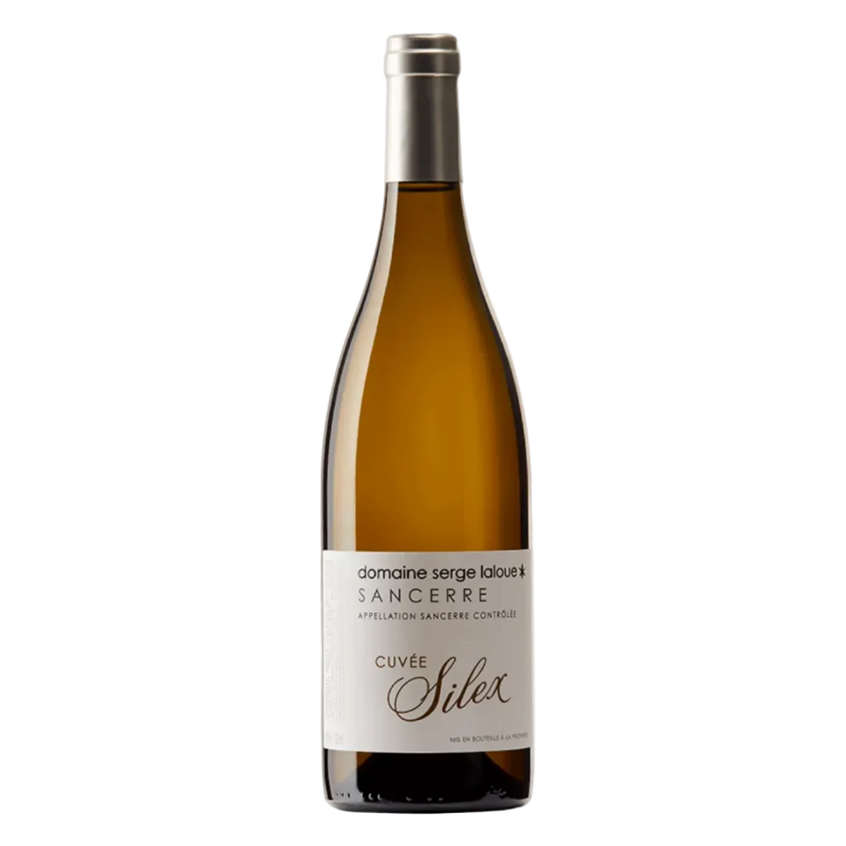 Domaine Serge Laloue Sancerre Blanc Cuvée Silex wine bottle with white label and silver cap, showcasing elegant design and amber-colored glass