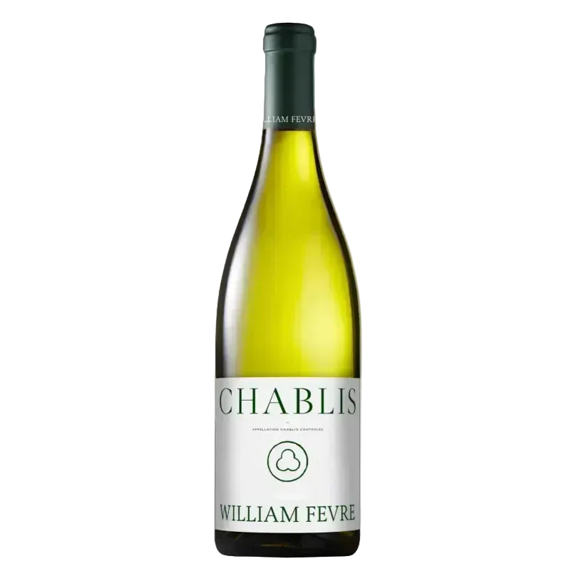 Green glass bottle of Domaine William Fèvre Chablis white wine with a white label featuring green text and a minimalist logo, sleek and elegant design