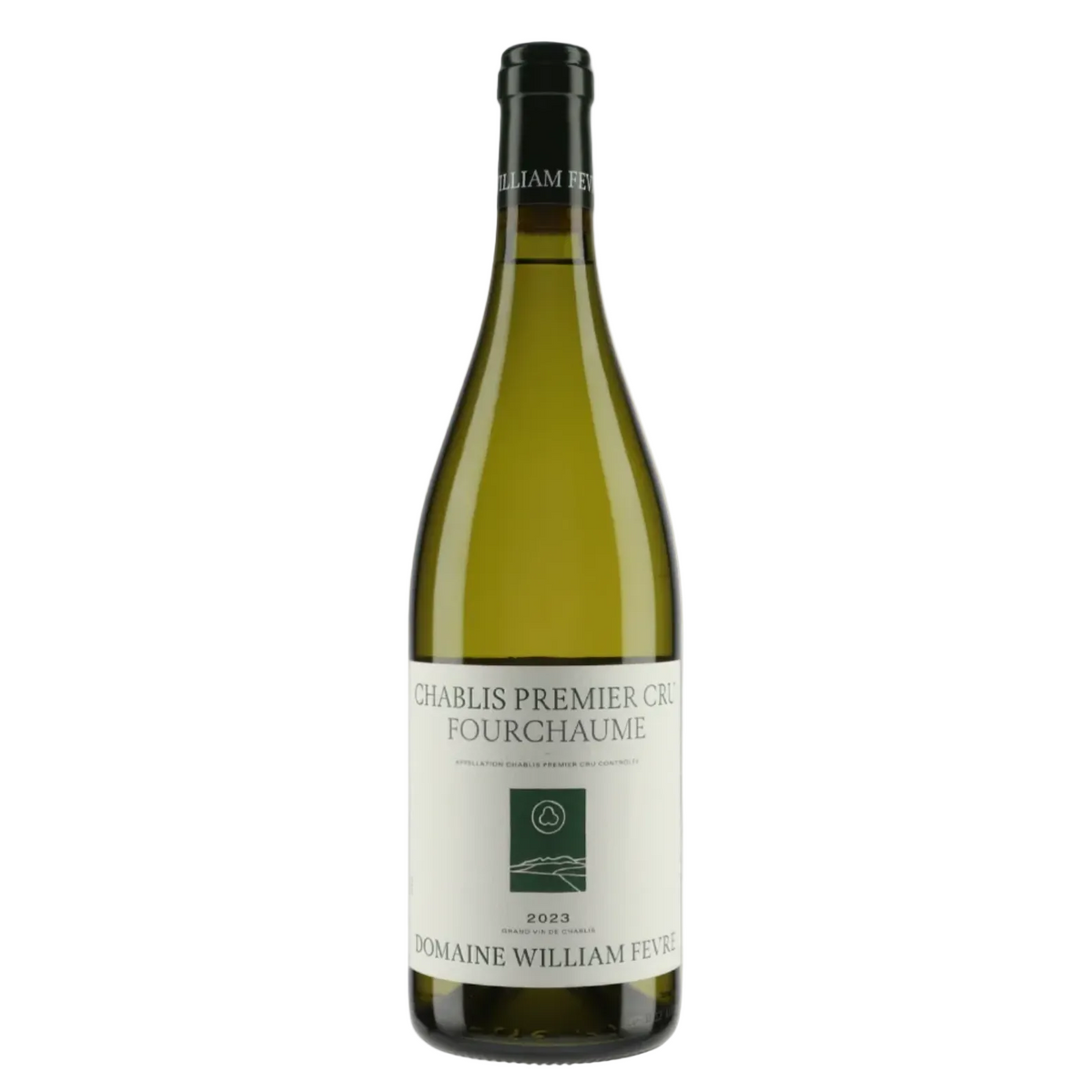 Domaine William Fèvre Chablis Premier Cru Fourchaume white wine bottle with a black capsule, green glass, and a white label featuring black text