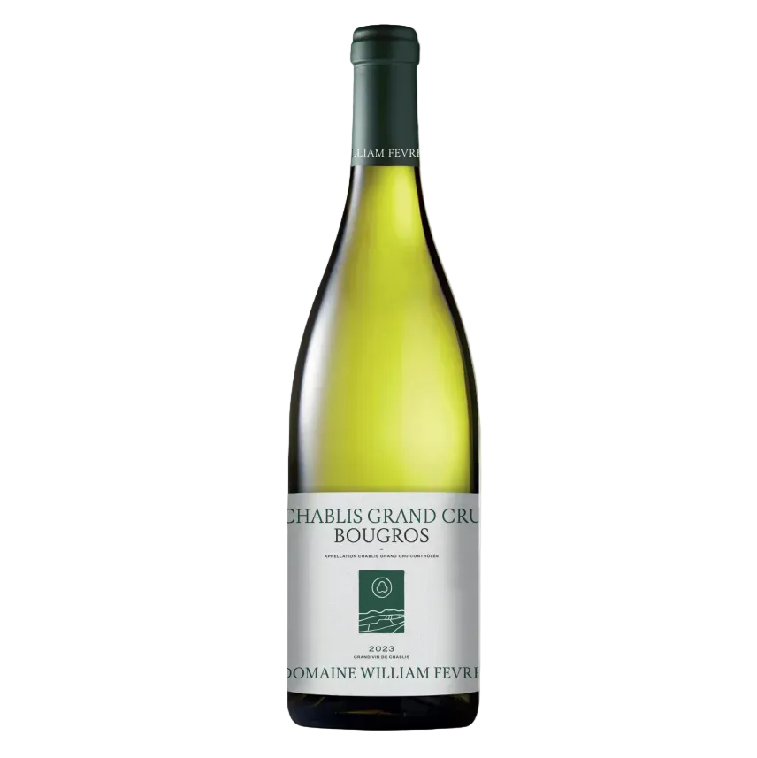 Domaine William Fèvre Bougros Chablis Grand Cru white wine bottle with green and white label, slender shape, and dark green capsule