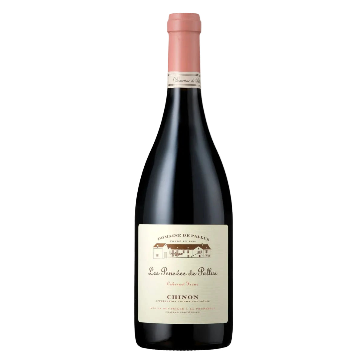 Domaine de Pallus Chinon Les Pensées Organic Cabernet Franc 2019 red wine bottle with cream label and pink foil top, sold by FINE & WILD UK.