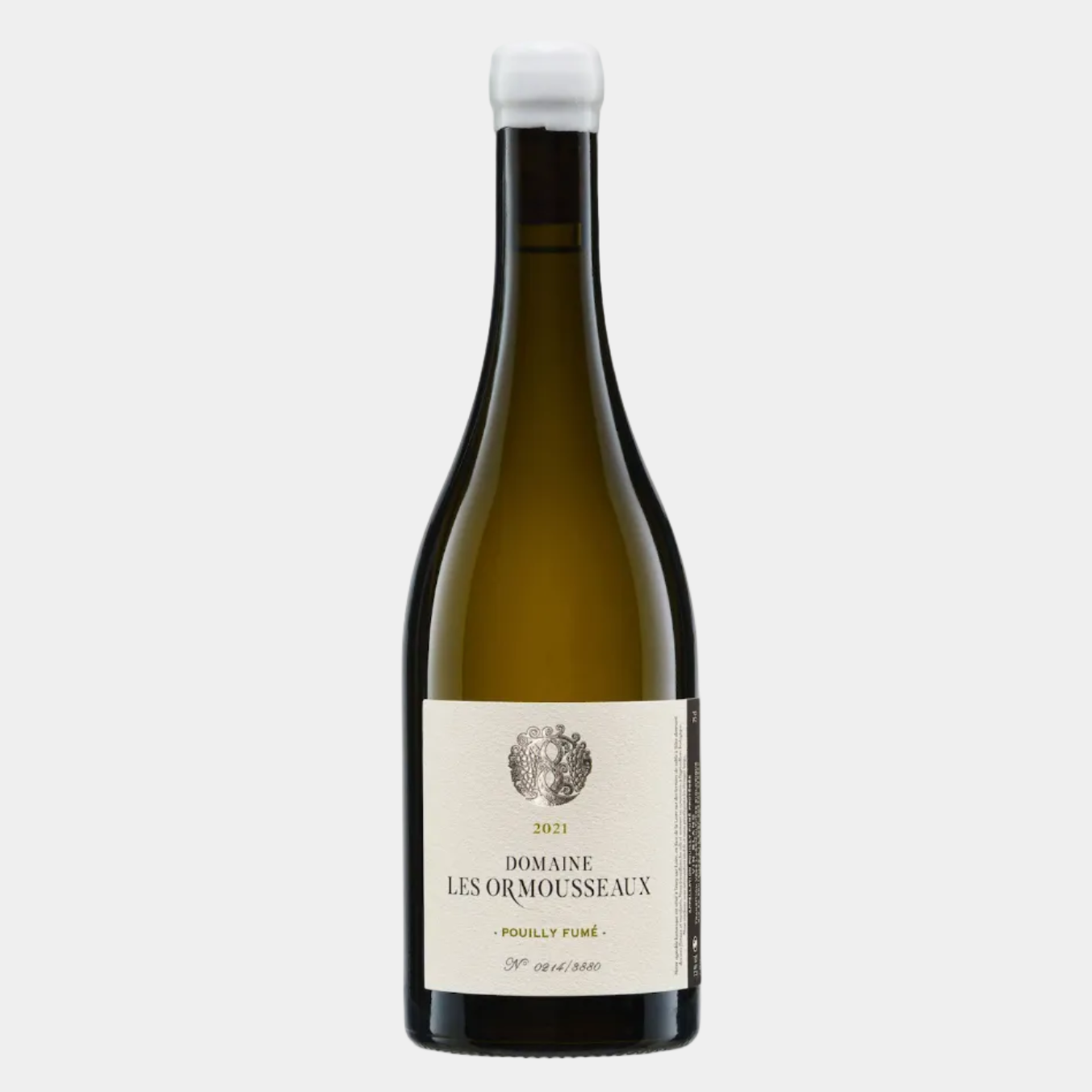 Wine bottle with a label on plain grey background