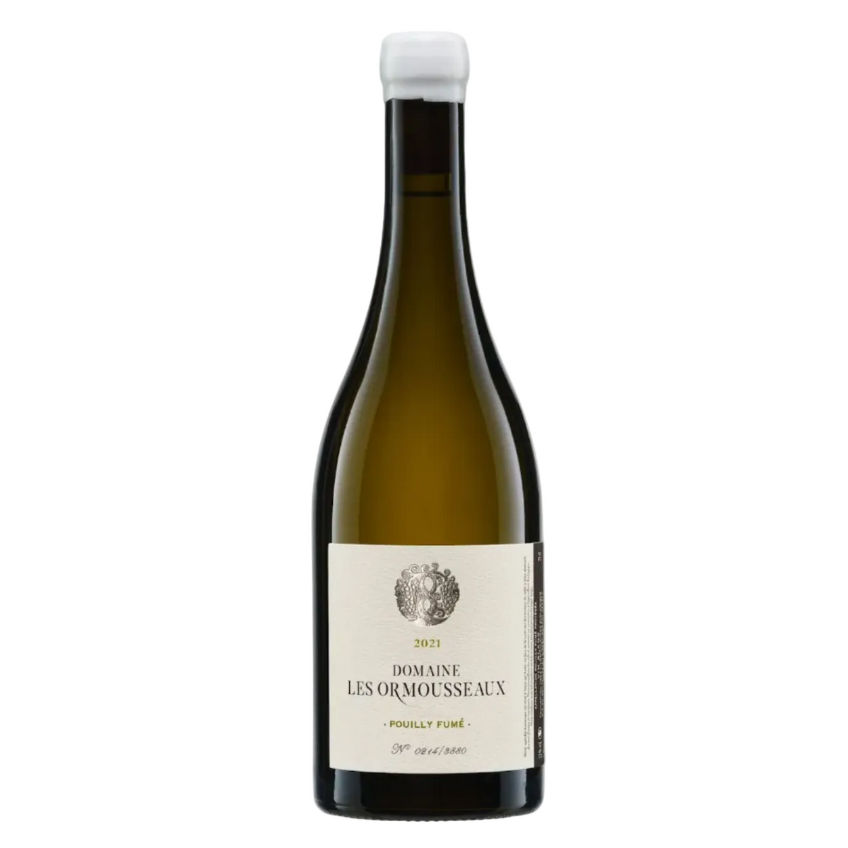 Domaine Les Ormousseaux Pouilly-Fumé white wine bottle with a white label, organic Sauvignon Blanc from Loire Valley, featuring a crest logo and vintage 2021