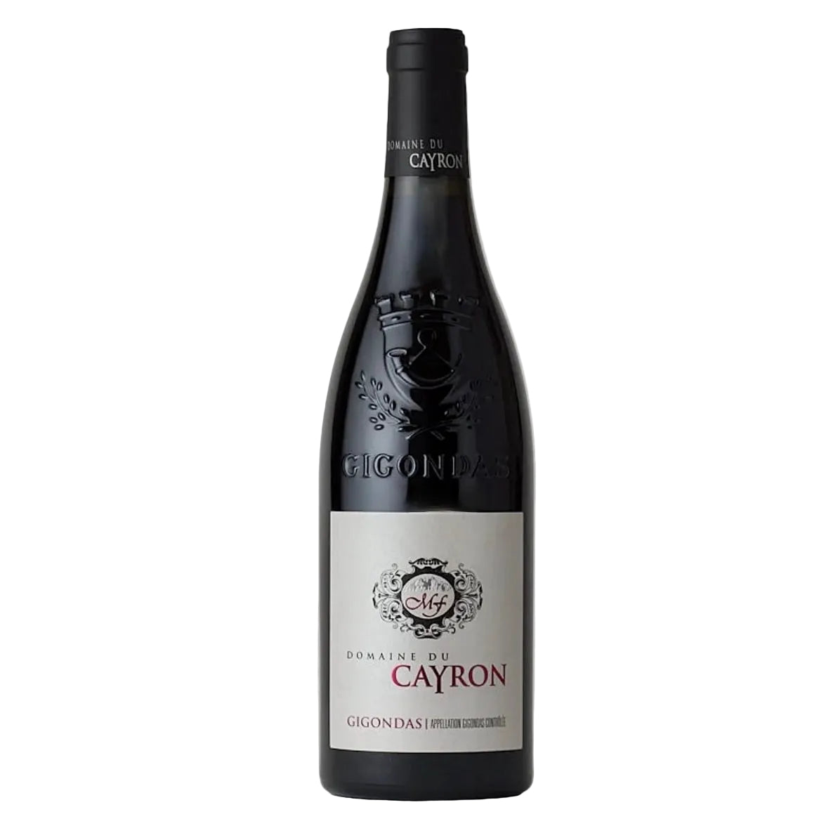 Domaine du Cayron Gigondas 2019 red wine bottle with embossed glass and classic label, Southern Rhône blend sold by FINE & WILD.