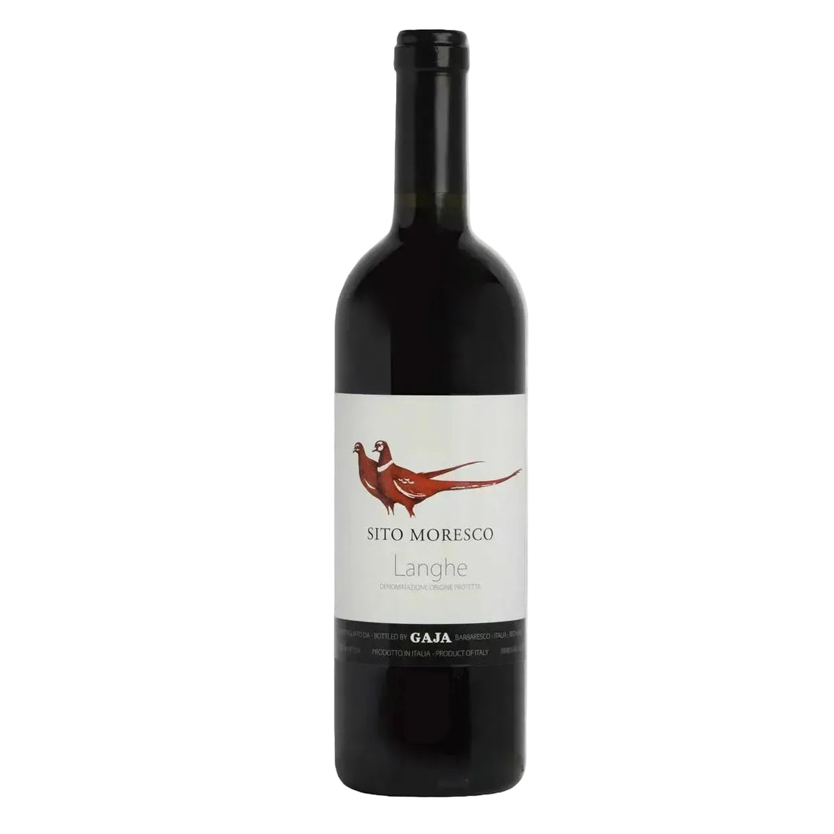 Gaja Sito Moresco Langhe red wine bottle with a white label featuring two stylized red birds, black capsule, and black bottom band, 750ml