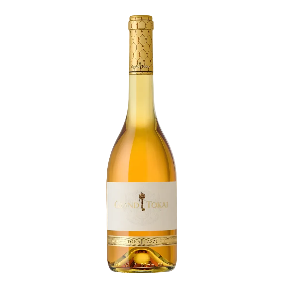 Grand Tokaj 6 Puttonyos 2013 sweet wine in 50cl bottle with golden label and foil. Premium Hungarian dessert wine from UNESCO Tokaj region.