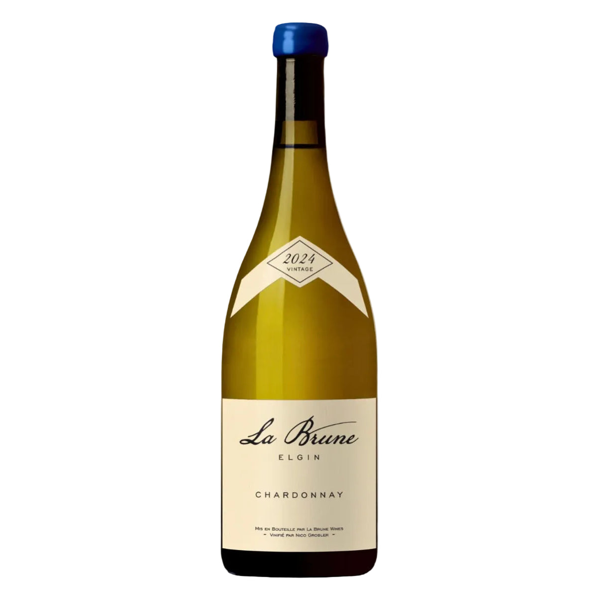 La Brune Elgin Chardonnay 2024 white wine bottle with blue wax seal, showcasing premium South African wine from high-altitude Elgin vineyards.