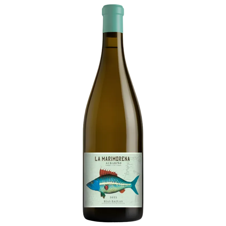 La Marimorena Albariño Rías Baixas 2022 white wine by Casa Rojo with colorful fish label design. Premium Galician wine at FINE & WILD UK.