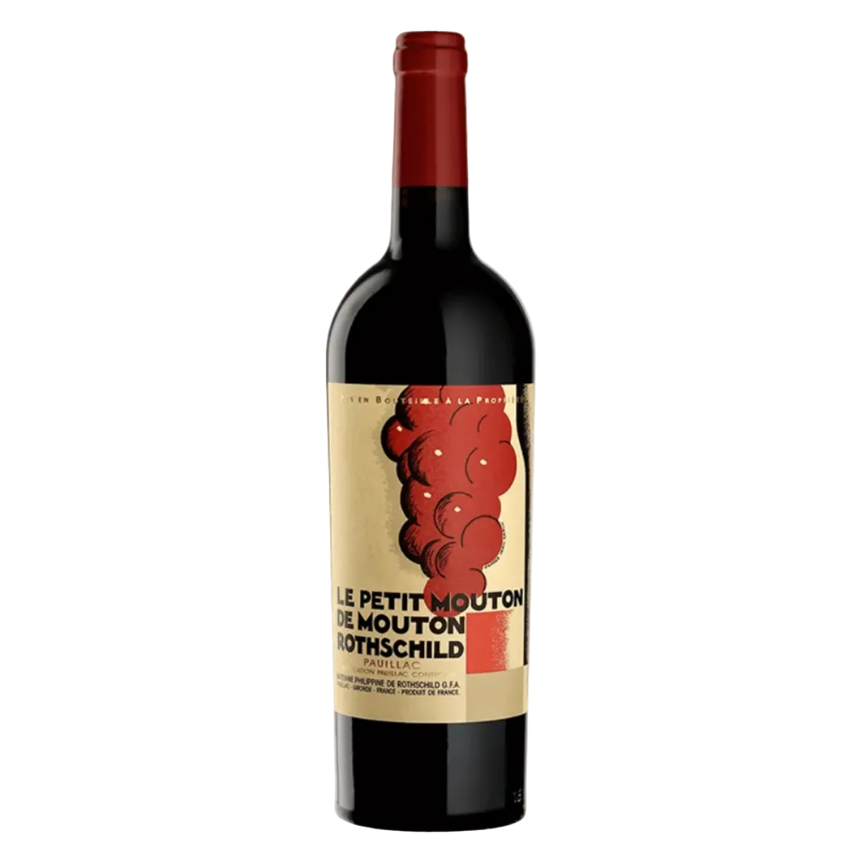 Le Petit Mouton de Mouton Rothschild red wine bottle with vintage label featuring a stylized red grape cluster, dark glass, and red capsule