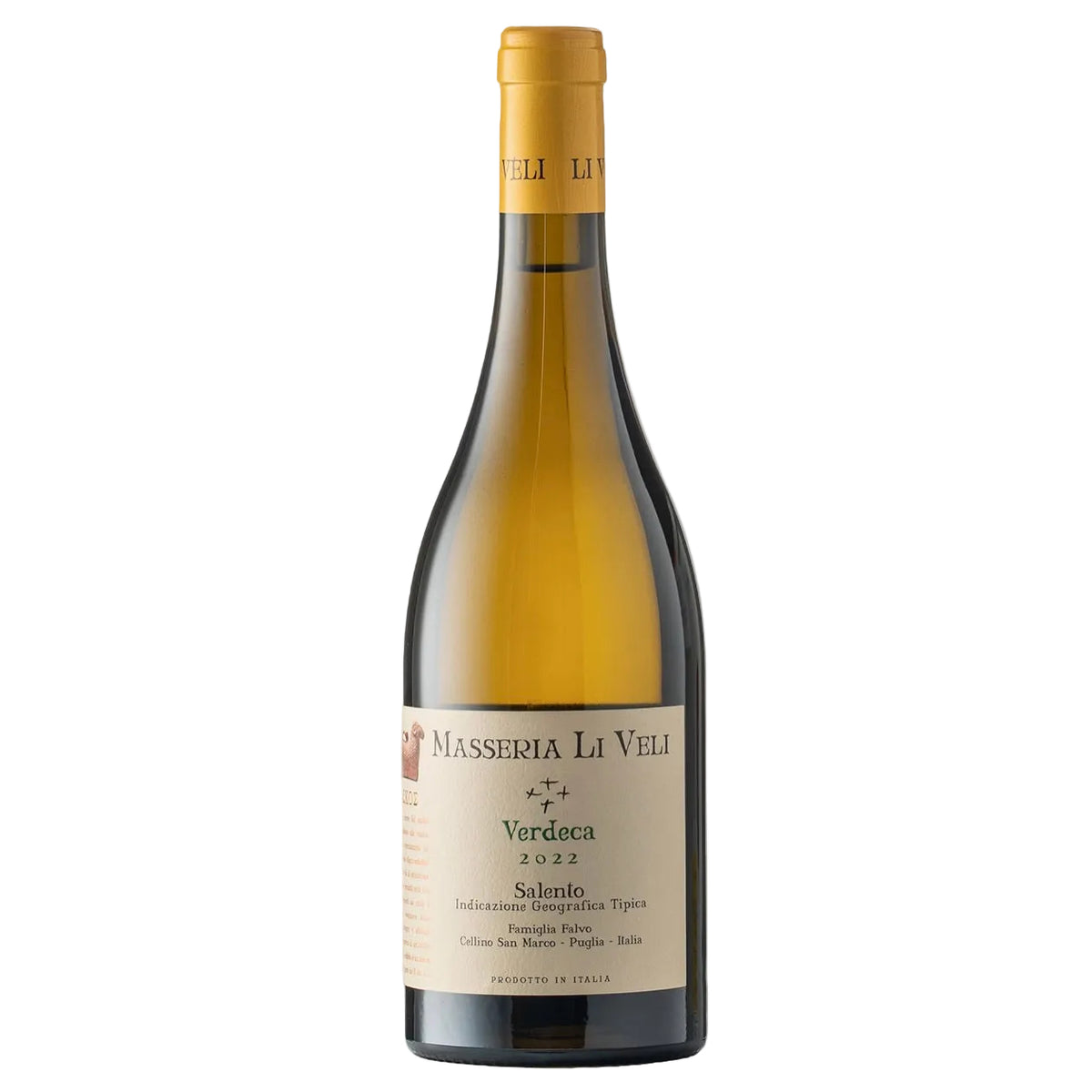 Masseria Li Veli Askos Verdeca Salento 2022 white wine bottle with label showing vintage and origin. Premium Puglian wine sold by FINE & WILD UK.