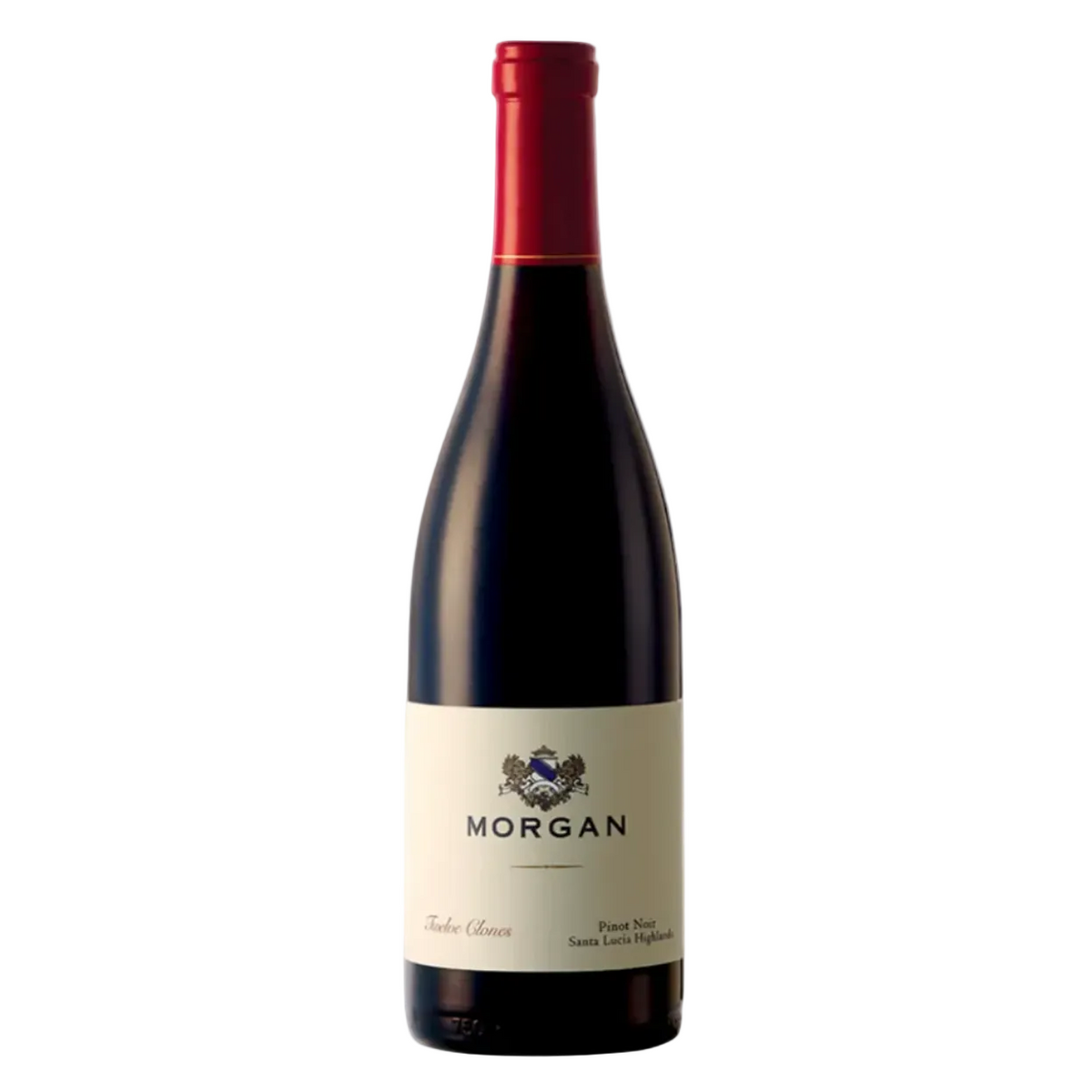 Morgan Twelve Clones Pinot Noir wine bottle with a white label, red foil capsule, and crest logo, set against a light background
