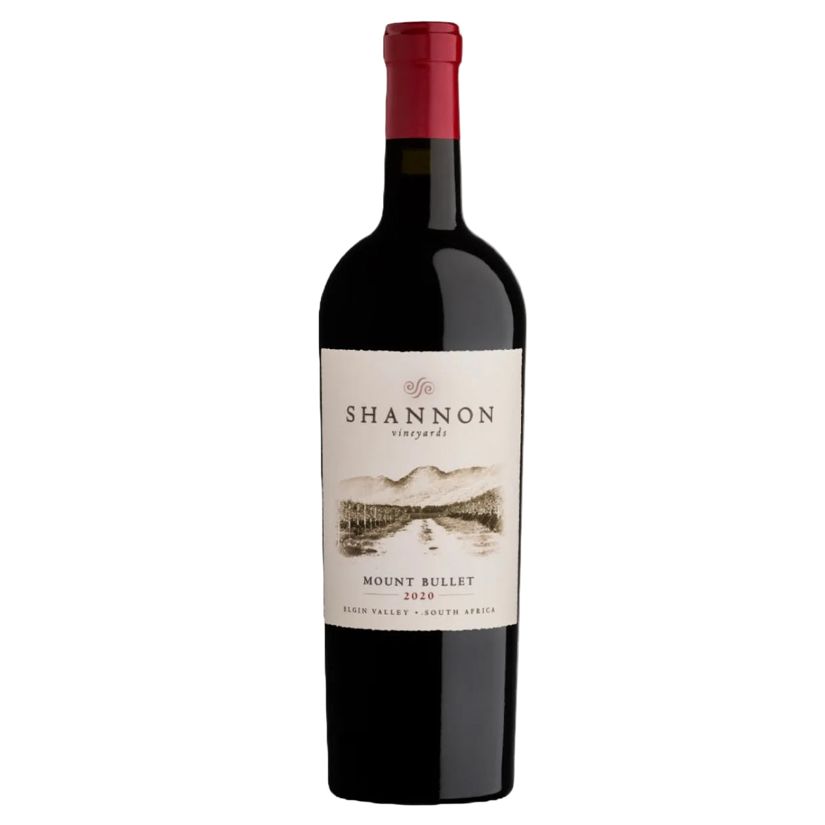 Mount Bullet Merlot 2020 red wine bottle from Shannon Vineyards, South Africa, featuring a scenic label design. Premium wine available at FINE & WILD UK.