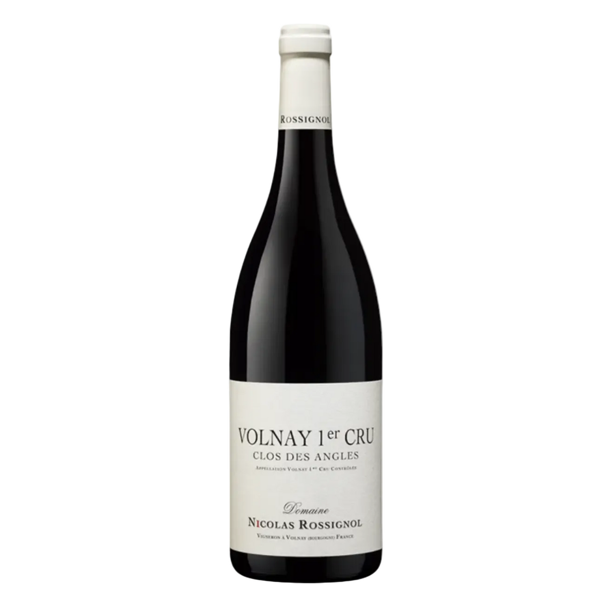 Domaine Nicolas Rossignol Volnay 1er Cru Clos des Angles red wine bottle with white label and black glass, elegant Burgundy Pinot Noir