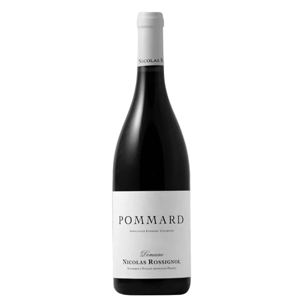 Nicolas Rossignol Pommard 2019 red wine bottle with minimalist white label, showcasing fine Burgundy from France. Available at FINE & WILD UK.