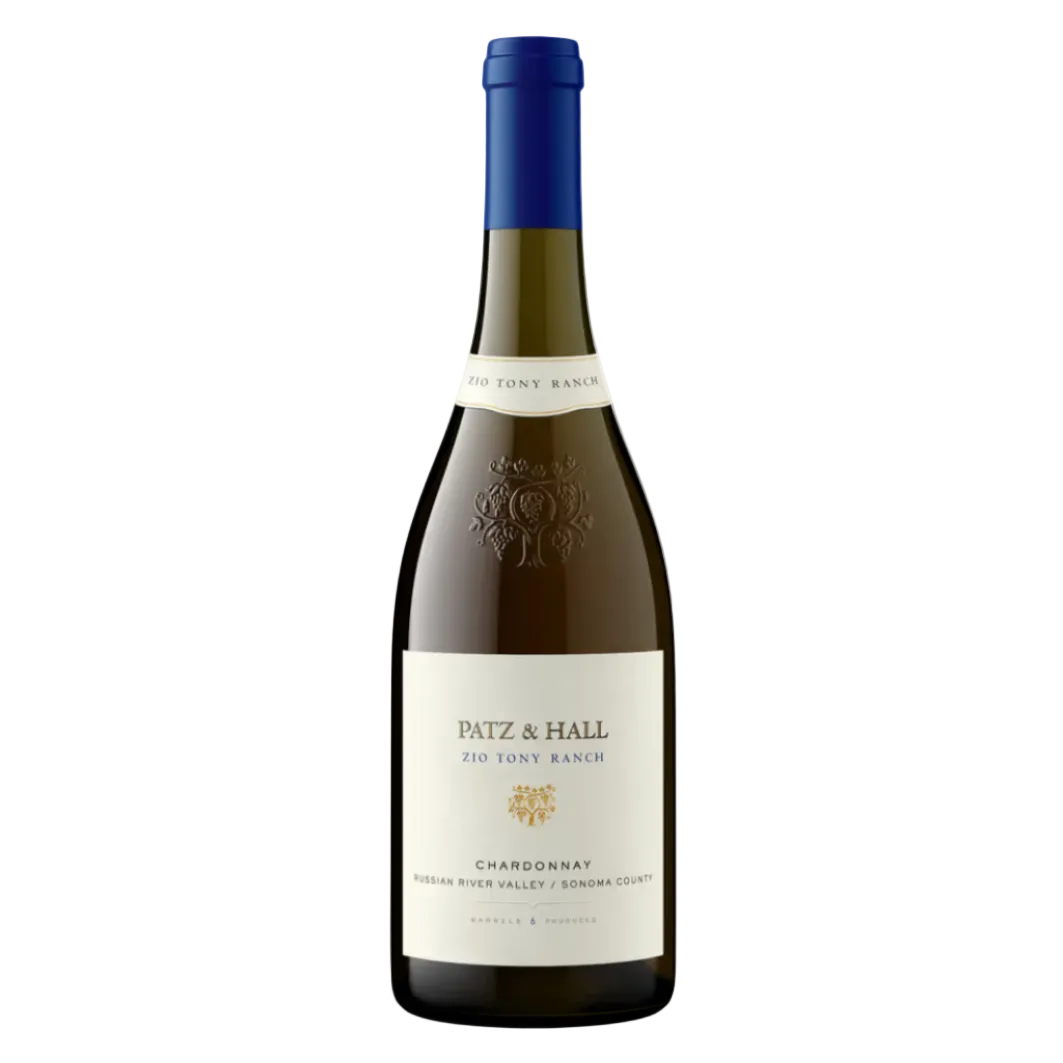 Patz & Hall Dutton Ranch Chardonnay 2019 white wine bottle with blue foil top, showcasing Sonoma County label. Premium Russian River Valley Chardonnay.