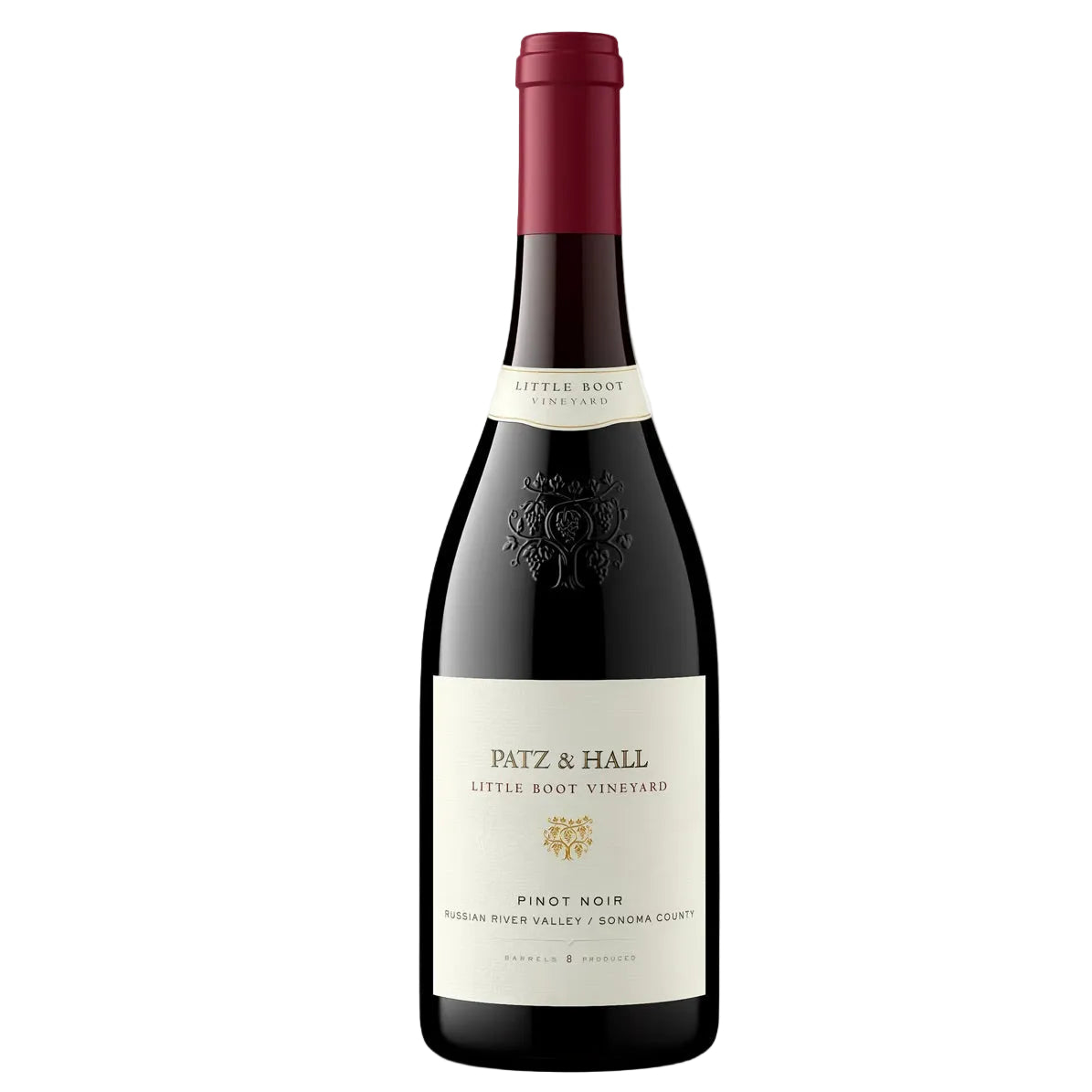 Patz & Hall Little Boot Vineyard Pinot Noir 2017 red wine bottle with embossed label, ideal for pairing with meats and cheese.
