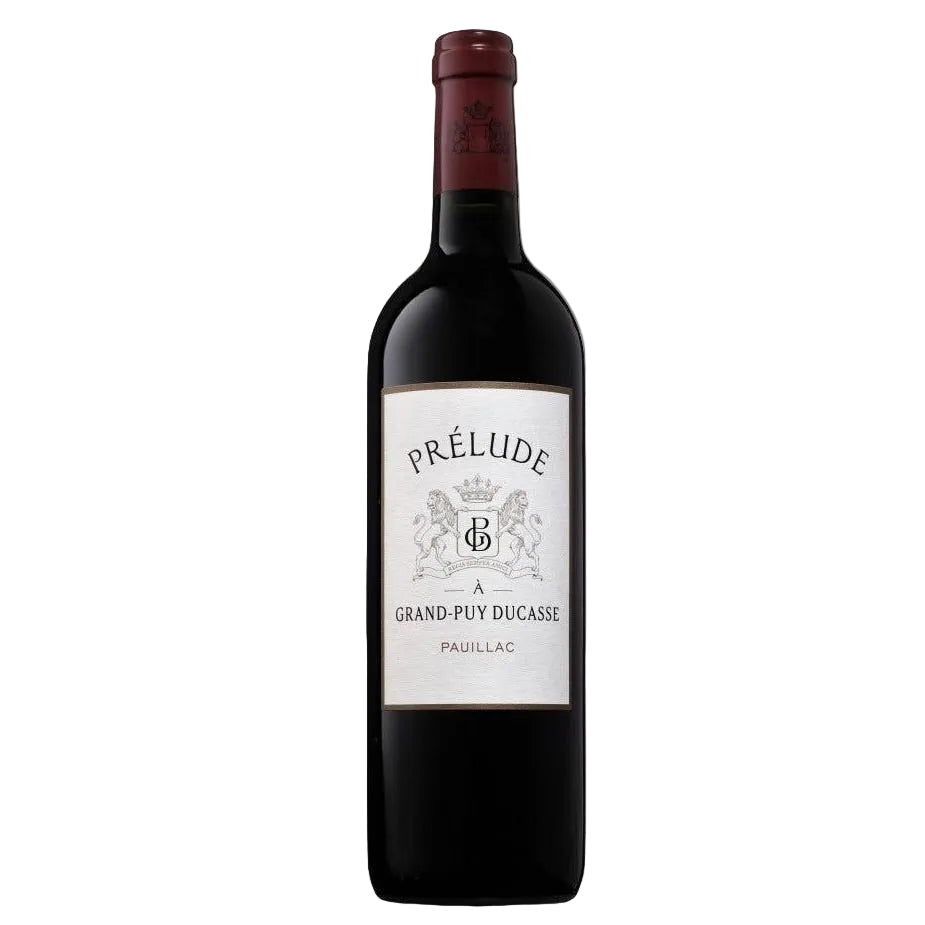 Prélude à Grand-Puy Ducasse Pauillac 2018 red wine bottle with elegant label, a bold Bordeaux from FINE & WILD. Ideal for pairing with wagyu beef.