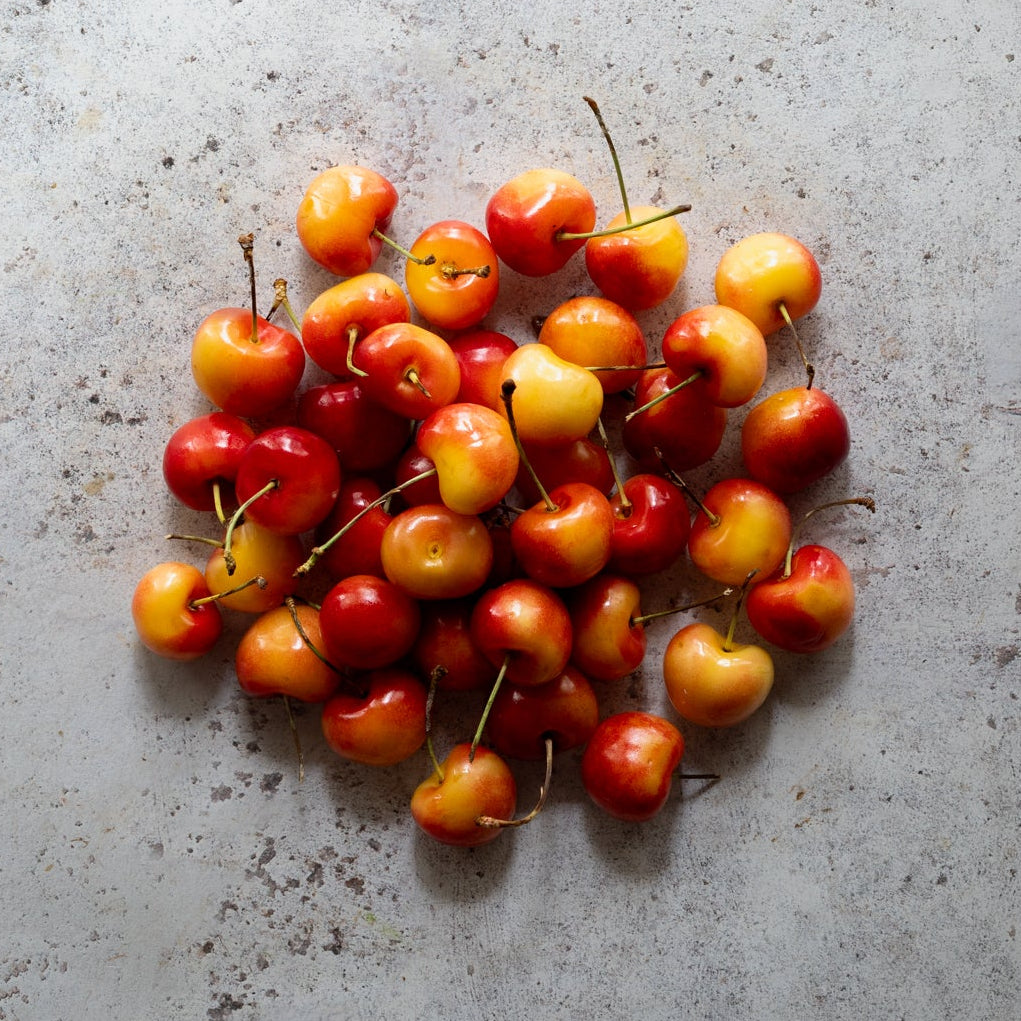 Pile of red and yellow Rainier cherries