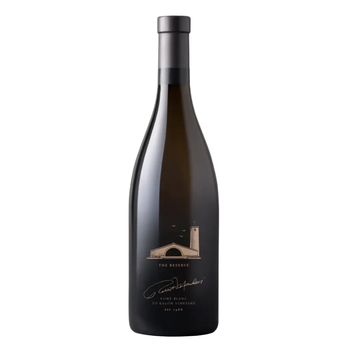 Black wine bottle with minimalist label featuring a lighthouse and signature, containing Robert Mondavi Reserve Fumé Blanc, Napa Valley